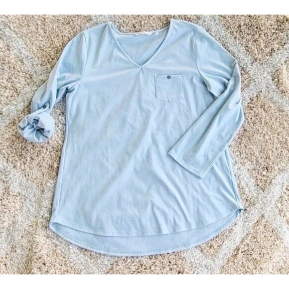 Soft Surroundings Sz S Blue Faux Suede Leather Tunic Top Blouse V Neck Roll Tab - Picture 2 of 9